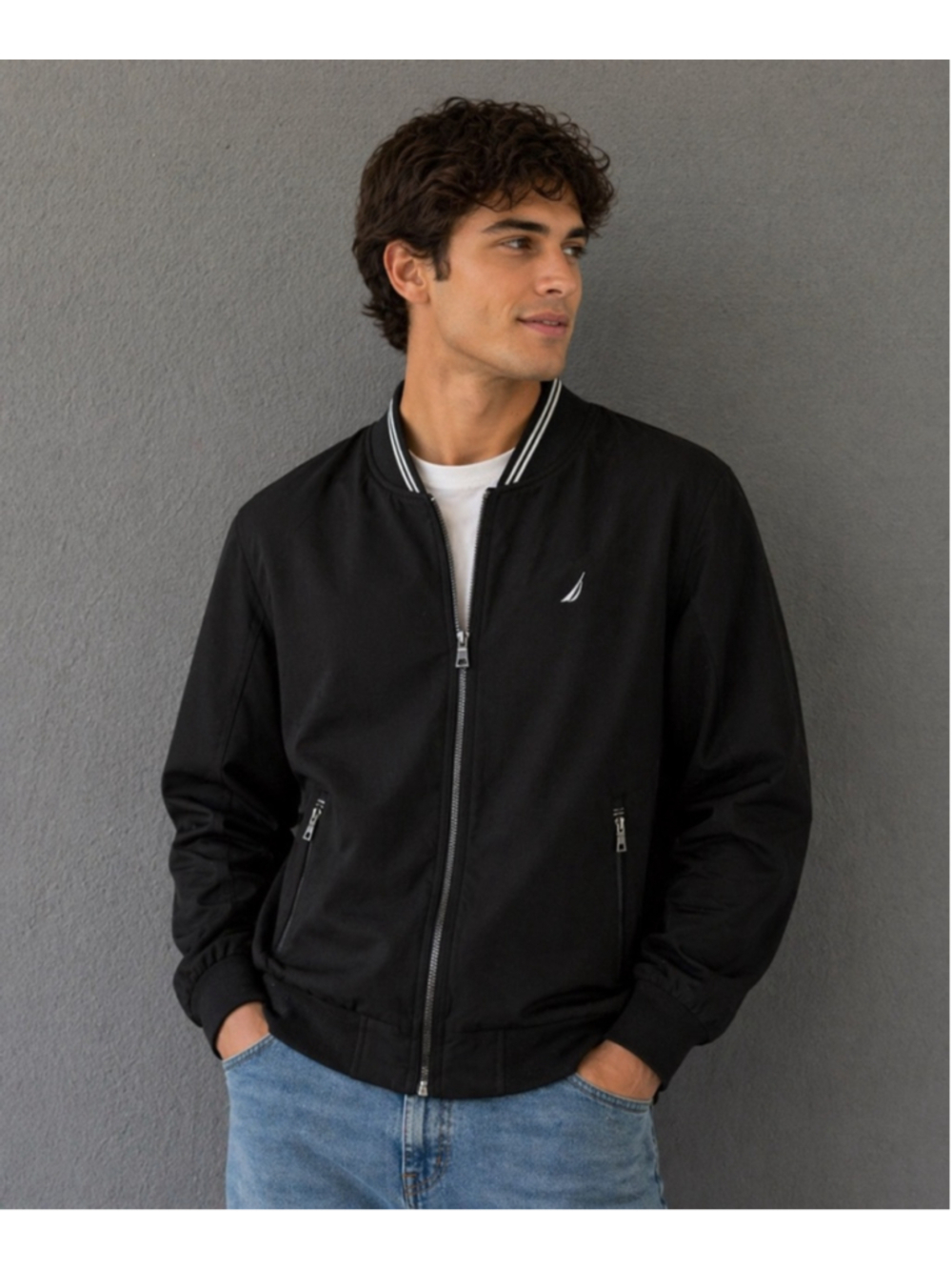 Nautica Mens Medium Black Bomber Jacket Full Zip Water Wind Resistant Stretch